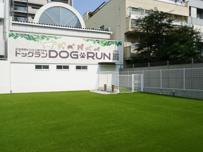 トリミング実習室に隣接された学校専用のドッグランです。人工芝の広々とした場所でワンちゃんと一緒にしつけやトレーニングを学びます。